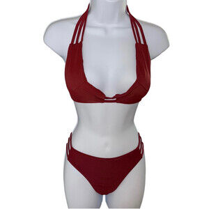 SHEKINI Red String‎ Cutout Halter Bikini Top & Bottom Swim Set Women Large